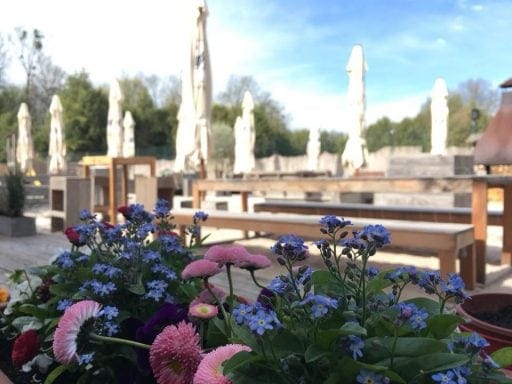 Blumendekoration und Ausblick auf den Outdoor Bereich mit Sitzbänken und Sandstrand im Hubraum Karlsruhe